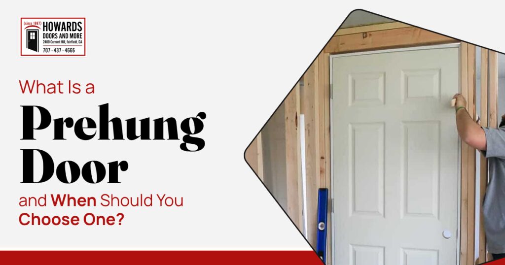 A person installs a prehung door next to text reading, "What Is a Prehung Door?"