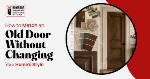 Graphic featuring color swatches, wooden door, and text reading, "How to Match an Old Door."