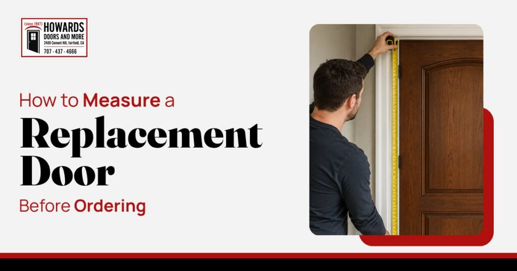 Man measuring a brown replacement door with tape beside Howards Doors and More ordering guide title.