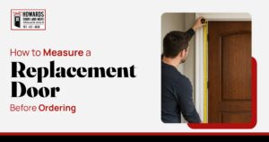 Man measuring a brown replacement door with tape beside Howards Doors and More ordering guide title.