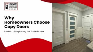 Interior hallway with two modern white panel doors, one featuring frosted glass inserts, installed by Howard's Doors and More.